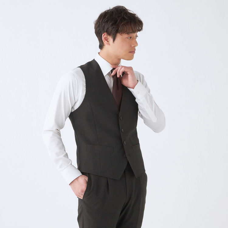 シルバーライン 【CLASSICO TAPERED】【春夏】2釦シングルスリーピーススーツ 1タック/ブラウン×ウィンドペン/ウエストムーブ/4S SUSTAINABILITY&ECOLOGY FABRIC/※パンツ裾上げ済仕様 茶濃色