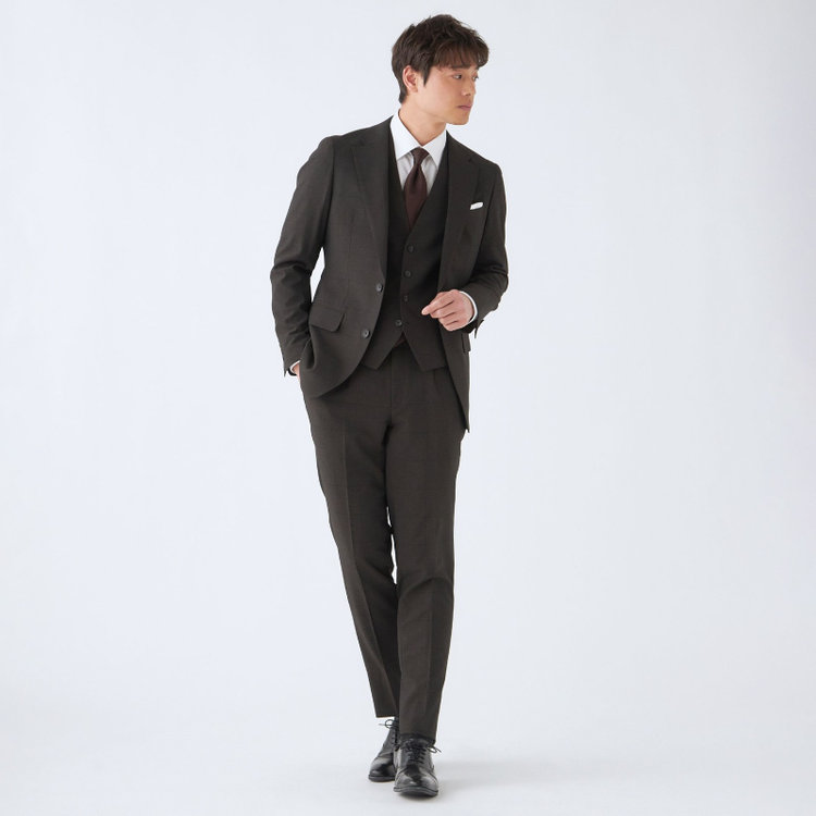 シルバーライン 【CLASSICO TAPERED】【春夏】2釦シングルスリーピーススーツ 1タック/ブラウン×ウィンドペン/ウエストムーブ/4S SUSTAINABILITY&ECOLOGY FABRIC/※パンツ裾上げ済仕様 茶濃色