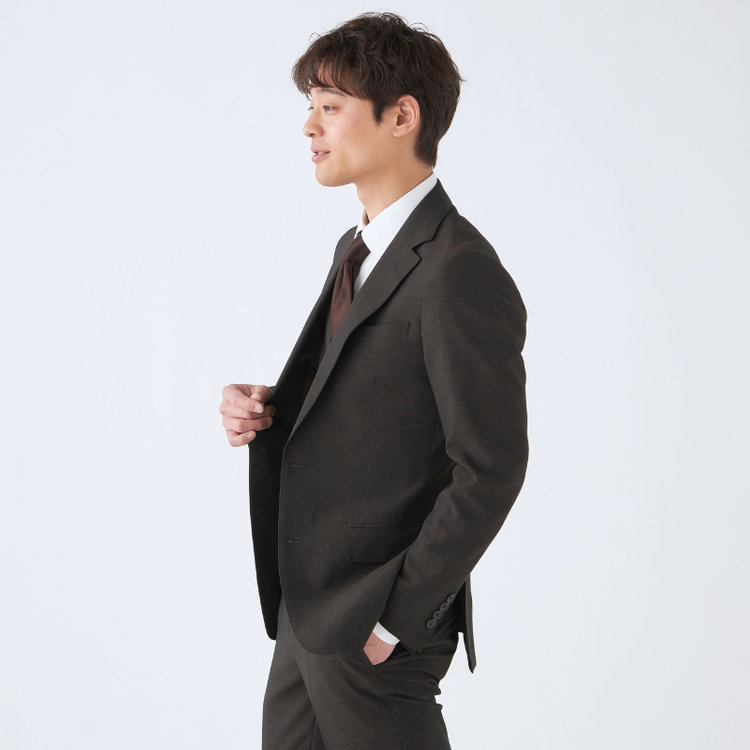 シルバーライン 【CLASSICO TAPERED】【春夏】2釦シングルスリーピーススーツ 1タック/ブラウン×ウィンドペン/ウエストムーブ/4S SUSTAINABILITY&ECOLOGY FABRIC/※パンツ裾上げ済仕様 茶濃色