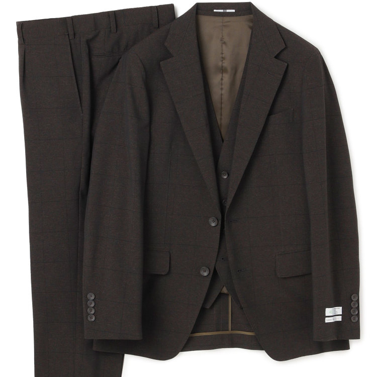 シルバーライン 【CLASSICO TAPERED】【春夏】2釦シングルスリーピーススーツ 1タック/ブラウン×ウィンドペン/ウエストムーブ/4S SUSTAINABILITY&ECOLOGY FABRIC/※パンツ裾上げ済仕様 茶濃色