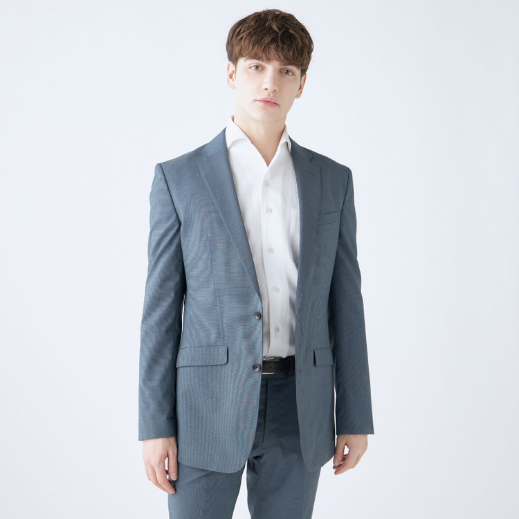 ブラックライン 【SLIM TAPERED_2】【春夏】2釦シングルスーツ 0タック/ブルー/ウエストシャーリング/4S SUSTAINABILITY&ECOLOGY FABRIC/ウォッシャブル/※パンツ裾上げ済仕様 緑中間