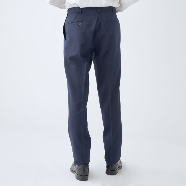 ブラックライン 【SLIM TAPERED】【年間】0タックテーパードパンツ/ネイビー×シャドーストライプ/ウエストムーブ/ウォッシャブル/4S SUSTAINABILITY&ECOLOGY FABRIC/※裾上げ必要 紺中間
