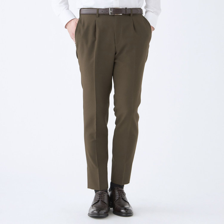 スーツセレクト 【CLASSICO TAPERED】【春夏】ウールブレンド 1タックテーパードパンツ/カーキ/裾上げ済仕様 グリーン系(緑)