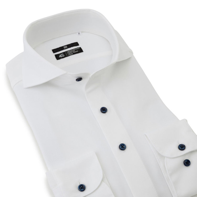 ブラックライン 【発送在庫あり】【WEB限定】【BLACK LINE】ホリゾンタルワイドワイシャツ/ホワイト×ドビー/釦・釦付糸：ネイビー/「4S」スーパーノンアイロン・ストレッチ 白