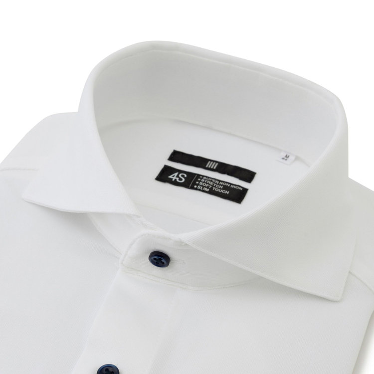 ブラックライン 【発送在庫あり】【WEB限定】【BLACK LINE】ホリゾンタルワイドワイシャツ/ホワイト×ドビー/釦・釦付糸：ネイビー/「4S」スーパーノンアイロン・ストレッチ 白