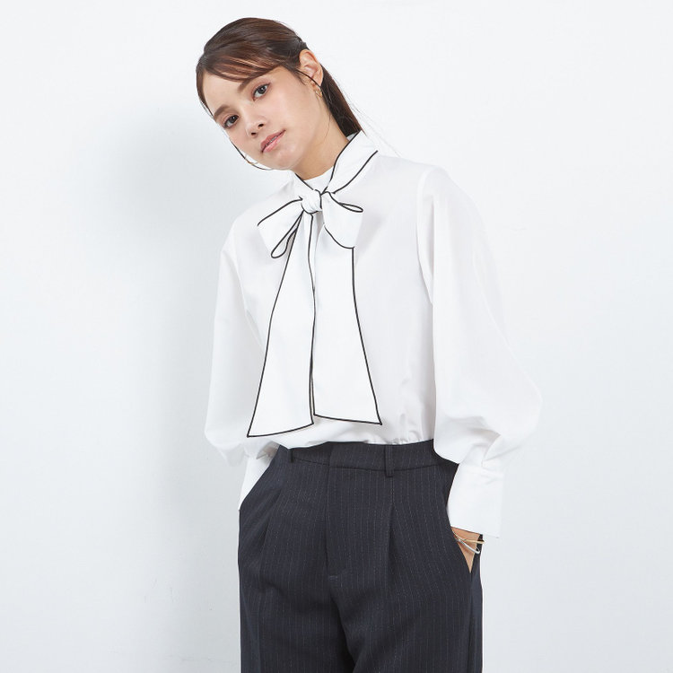 【SILVER LINE/長袖】ボウタイブラウス/ホワイト+ブラック
