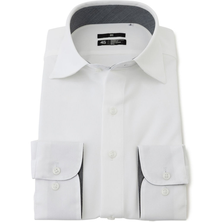 ブラックライン 【発送在庫あり】【WEB限定】【BLACK LINE】ワイドカラーワイシャツ/ホワイト/襟袖裏別：グレー×グレンチェック/「4S」スーパーノンアイロン・ストレッチ 白