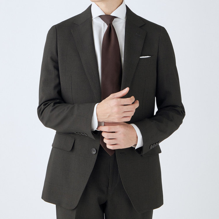 シルバーライン 【CLASSICO TAPERED】【秋冬】コーディネートパンツ付き/2釦シングルスーツ 1タック/ブラウン×グレンチェック+ブラックソリッドパンツ/ウエストムーブ/4S SUSTAINABILITY&ECOLOGY FABRIC/※パンツ裾上げ済仕様 茶濃色