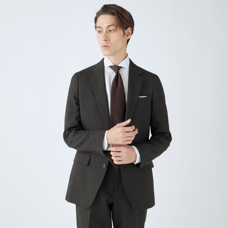 シルバーライン 【CLASSICO TAPERED】【秋冬】コーディネートパンツ付き/2釦シングルスーツ 1タック/ブラウン×グレンチェック+ブラックソリッドパンツ/ウエストムーブ/4S SUSTAINABILITY&ECOLOGY FABRIC/※パンツ裾上げ済仕様 茶濃色