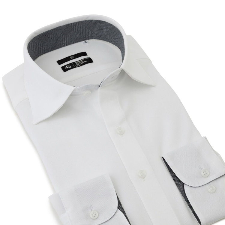 ブラックライン 【発送在庫あり】【WEB限定】【BLACK LINE】ワイドカラーワイシャツ/ホワイト/襟袖裏別：グレー×グレンチェック/「4S」スーパーノンアイロン・ストレッチ 白