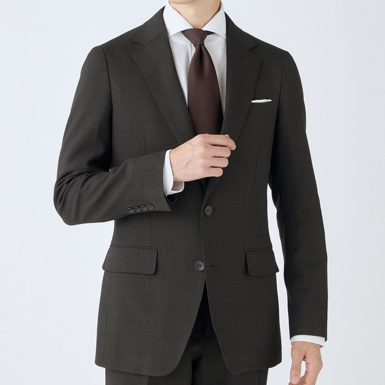 シルバーライン 【CLASSICO TAPERED】【秋冬】コーディネートパンツ付き/2釦シングルスーツ 1タック/ブラウン×グレンチェック+ブラックソリッドパンツ/ウエストムーブ/4S SUSTAINABILITY&ECOLOGY FABRIC/※パンツ裾上げ済仕様 茶濃色