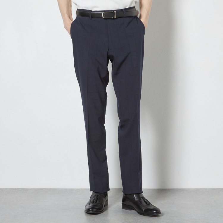 ブラックライン 【SLIM TAPERED】【春夏】0タックテーパードパンツ/ネイビー×ウィンドペン/ウエストシャーリング/4S SUSTAINABILITY&ECOLOGY FABRIC「ウォッシャブル」「ストレッチ」/※裾上げ済仕様 紺濃色