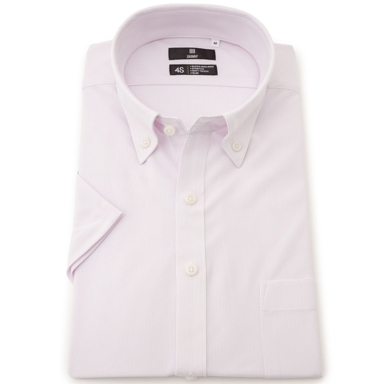 ブラックライン 【発送在庫あり】【SKINNY/半袖】ボタンダウンワイシャツ/ピンク×ドビー/「4S」スーパーノンアイロン・ストレッチ 赤淡色