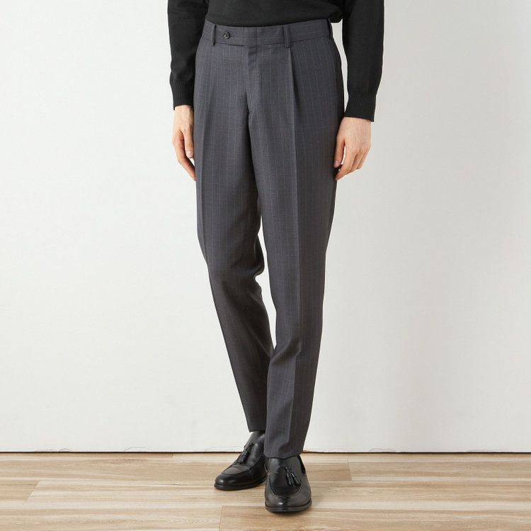 シルバーライン 【CLASSICO TAPERED】【秋冬】2釦シングルスーツ 1タック/グレー×ストライプ/ウエストムーブ/Ermenegildo Zegna TRAVELLER woven in italy/※裾上げ必要 グレー濃色