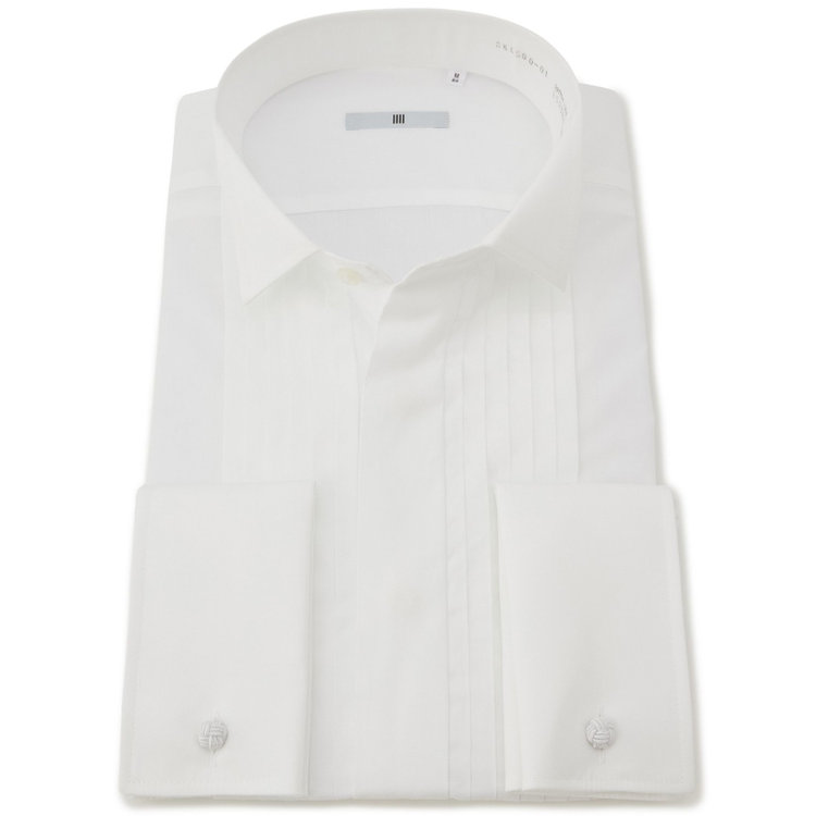 シルバーライン 【SILVER LINE】ウイングカラードレスワイシャツ/ホワイト×ソリッド+ピンタック/ダブルカフス(ゴムカフス付) 白