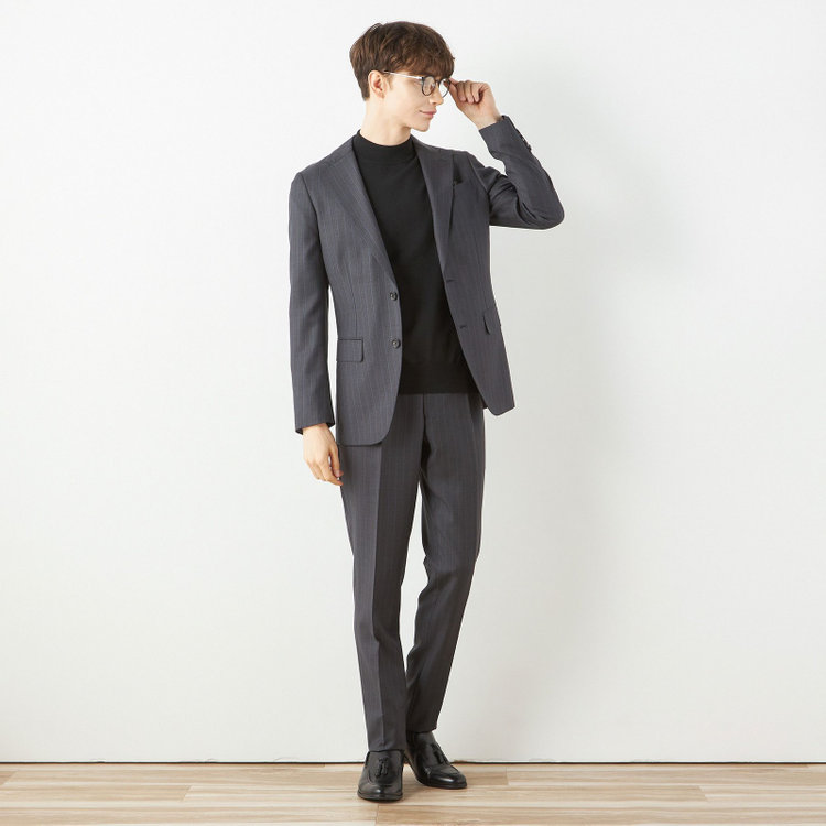 シルバーライン 【CLASSICO TAPERED】【秋冬】2釦シングルスーツ 1タック/グレー×ストライプ/ウエストムーブ/Ermenegildo Zegna TRAVELLER woven in italy/※裾上げ必要 グレー濃色