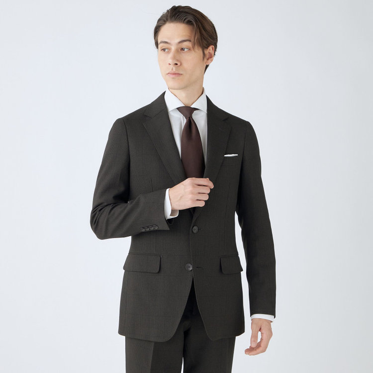 シルバーライン 【CLASSICO TAPERED】【秋冬】コーディネートパンツ付き/2釦シングルスーツ 1タック/ブラウン×グレンチェック+ブラックソリッドパンツ/ウエストムーブ/4S SUSTAINABILITY&ECOLOGY FABRIC/※パンツ裾上げ済仕様 茶濃色