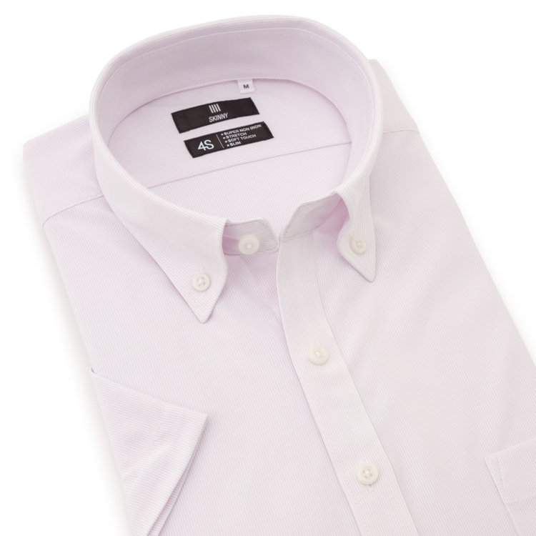 ブラックライン 【発送在庫あり】【SKINNY/半袖】ボタンダウンワイシャツ/ピンク×ドビー/「4S」スーパーノンアイロン・ストレッチ 赤淡色