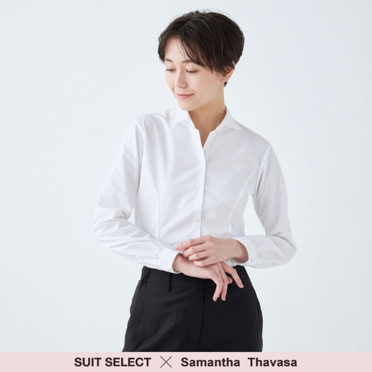 ソノタ 【SUIT SELECT×Samantha Thavasa】【長袖】リボン&フリル取り外しスキッパー/ホワイト×ドビーストライプ 白