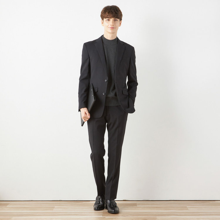 ブラックライン 【SLIM TAPERED_2】【年間】2釦シングルテーパードパンツスーツ 0タック/ブラック×シャドーストライプ/ウエストシャーリング/4S/※パンツ裾上げ済仕様 黒