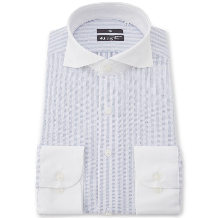 ブラックライン 【発送在庫あり】【BLACK LINE】クレリックホリゾンタルワイドスナップダウンワイシャツ/襟袖口：ホワイト+ホワイト×グレーストライプ/「4S」スーパーノンアイロン・ストレッチ 青濃色