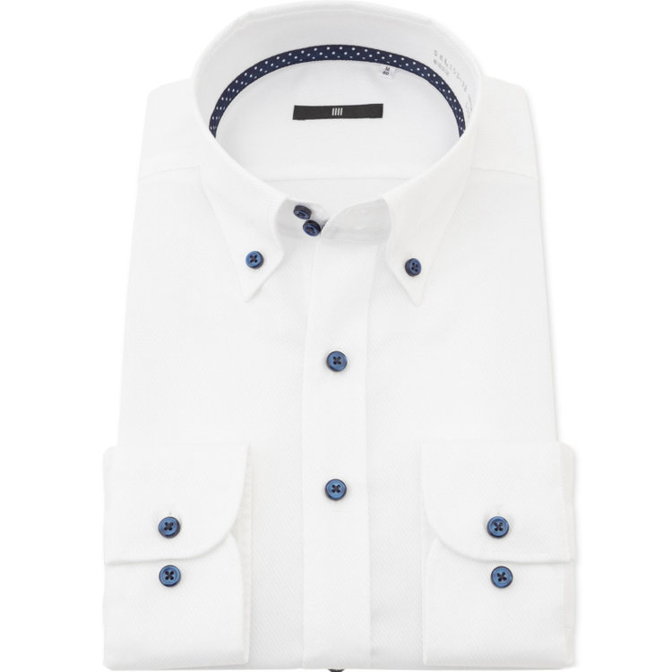 SUIT SELECT　アウトレット 【WEB限定/OUTLET/汚れ・キズ等有】【BL-3】【形態安定】ドゥエボットーニボタンダウンドレスワイシャツ/ホワイト×ドビーツイル/襟裏テープ：ネイビー×ドット/釦・釦付糸：ネイビー 白