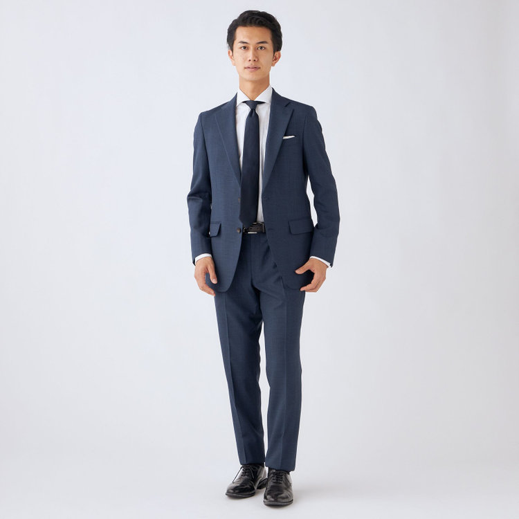 シルバーライン 【発送在庫あり】【CLASSICO TAPERED】【秋冬】スペアパンツ付き/2釦シングルスーツ 1タック/ネイビー×グレンチェックオーバーペン/ウォッシャブル/※裾上げ必要 青中間