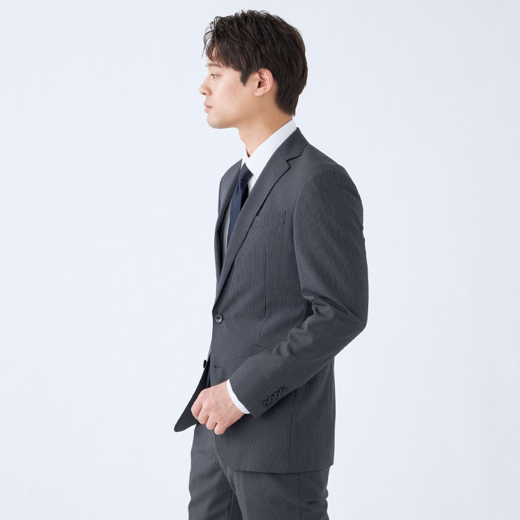 ブラックライン 【KSW】【春夏】スペアパンツ付き/2釦シングルスーツ 0タック/グレー×ストライプ/※裾上げ必要 グレー中間