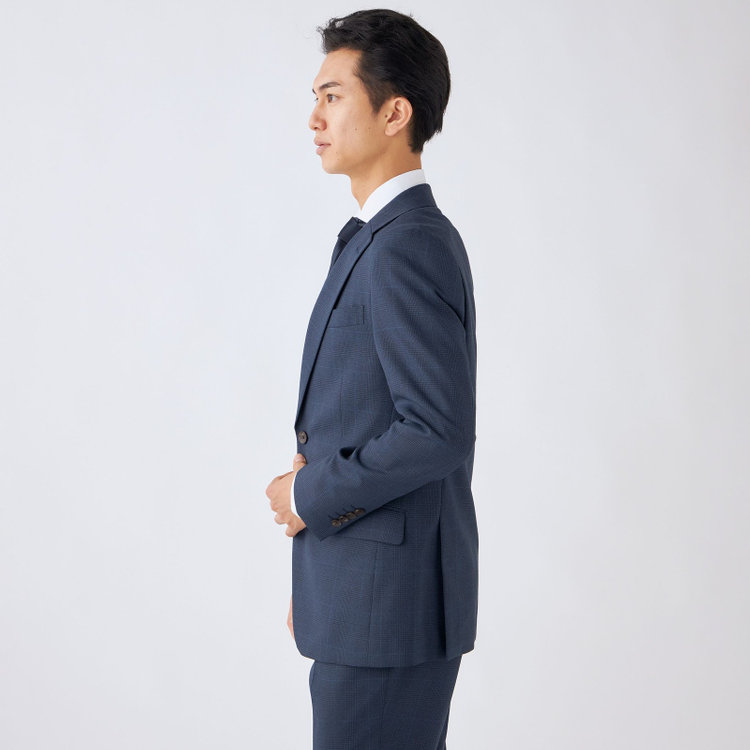 シルバーライン 【発送在庫あり】【CLASSICO TAPERED】【秋冬】スペアパンツ付き/2釦シングルスーツ 1タック/ネイビー×グレンチェックオーバーペン/ウォッシャブル/※裾上げ必要 青中間