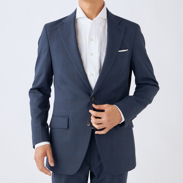 シルバーライン 【発送在庫あり】【CLASSICO TAPERED】【秋冬】スペアパンツ付き/2釦シングルスーツ 1タック/ネイビー×グレンチェックオーバーペン/ウォッシャブル/※裾上げ必要 青中間
