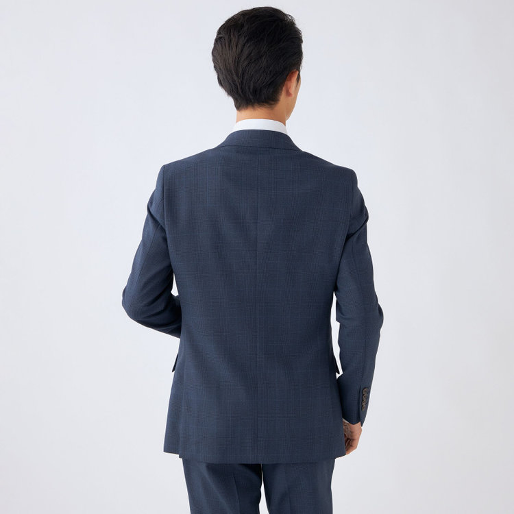 シルバーライン 【発送在庫あり】【CLASSICO TAPERED】【秋冬】スペアパンツ付き/2釦シングルスーツ 1タック/ネイビー×グレンチェックオーバーペン/ウォッシャブル/※裾上げ必要 青中間