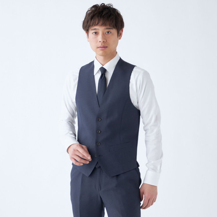 スーツセレクト 【発送在庫あり】【CLASSICO TAPERED】【秋冬】2釦シングルスリーピーススーツ 1タック/ネイビー/ウエストムーブ/4S SUSTAINABILITY&ECOLOGY FABRIC/※パンツ裾上げ済仕様 紺中間