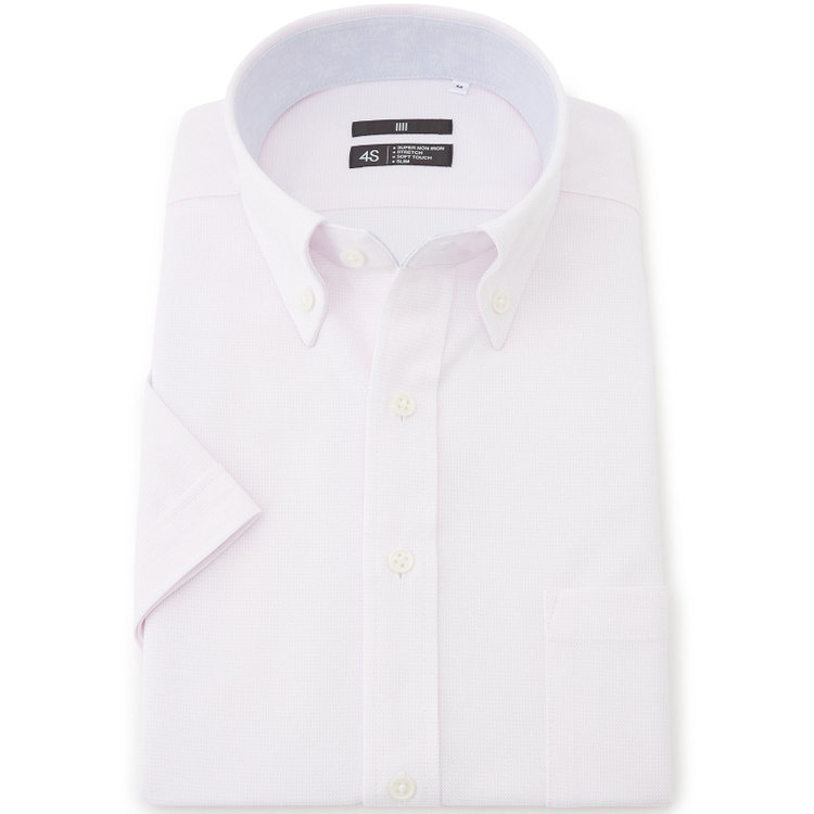 ブラックライン 【BLACK LINE/半袖】ボタンダウンワイシャツ/ピンク×ドビー/襟裏別布/「氷撃」冷感PRINT「4S」スーパーノンアイロン・ストレッチ 赤淡色