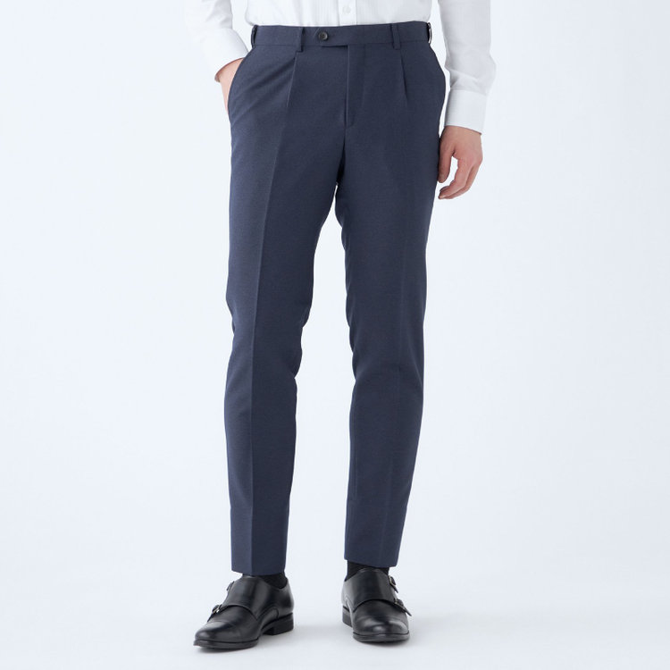 スーツセレクト 【発送在庫あり】【CLASSICO TAPERED】【秋冬】2釦シングルスリーピーススーツ 1タック/ネイビー/ウエストムーブ/4S SUSTAINABILITY&ECOLOGY FABRIC/※パンツ裾上げ済仕様 紺中間