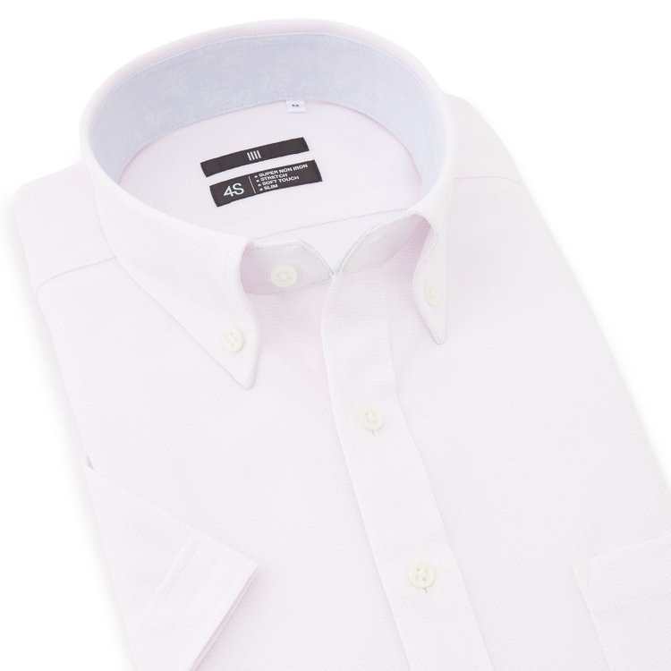 ブラックライン 【BLACK LINE/半袖】ボタンダウンワイシャツ/ピンク×ドビー/襟裏別布/「氷撃」冷感PRINT「4S」スーパーノンアイロン・ストレッチ 赤淡色