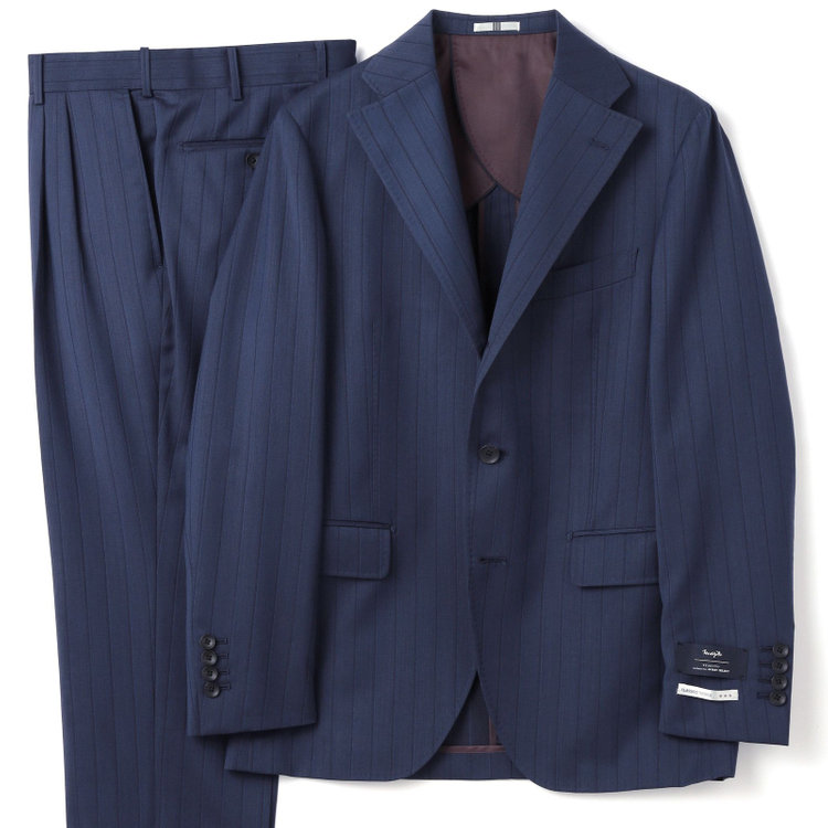 シルバーライン 【CLASSICO TAPERED】【春夏】3釦段返りシングルスーツ 2タック/ネイビー×シャドーストライプ/ウエストムーブ/MARZOTTO/※パンツ裾直し必要 紺中間