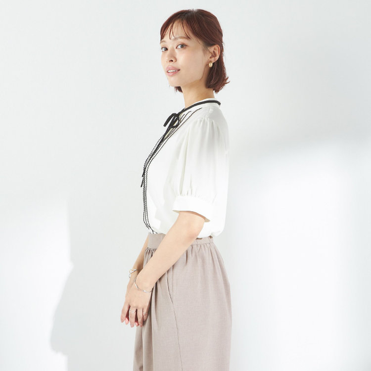 スーツセレクト 【半袖】リボン付きバンドカラーブラウス/ホワイト 白