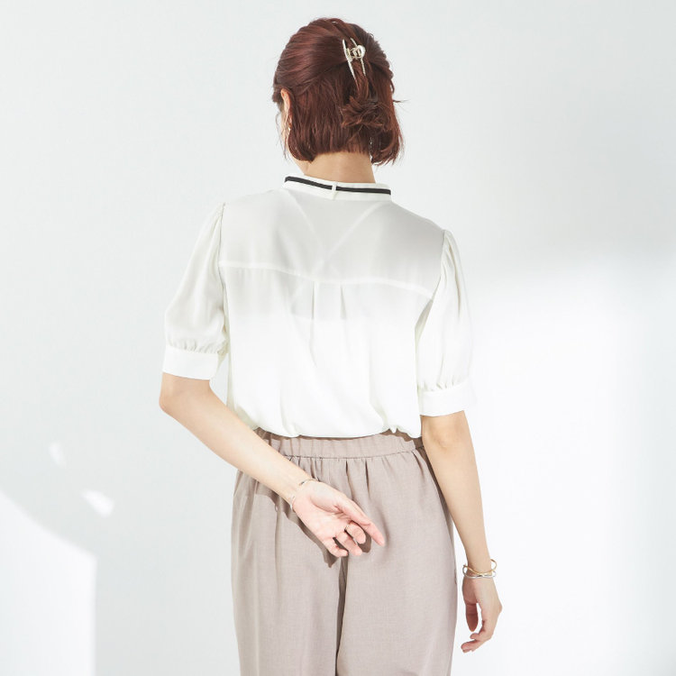 スーツセレクト 【半袖】リボン付きバンドカラーブラウス/ホワイト 白