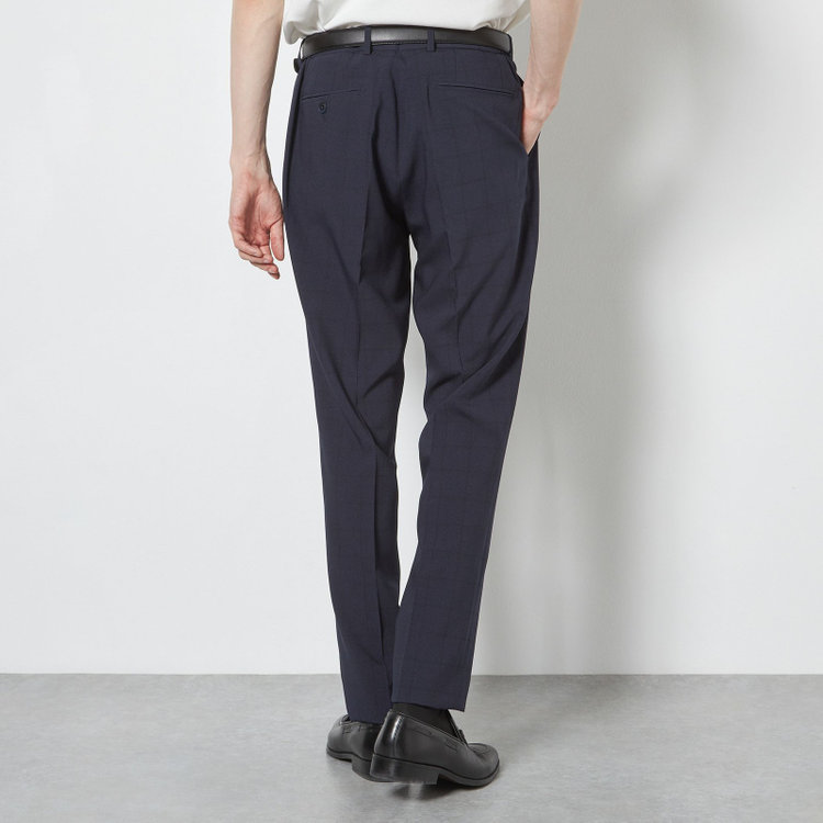 ブラックライン 【SLIM TAPERED】【春夏】0タックテーパードパンツ/ネイビー×ウィンドペン/ウエストシャーリング/4S SUSTAINABILITY&ECOLOGY FABRIC「ウォッシャブル」「ストレッチ」/※裾上げ済仕様 紺濃色