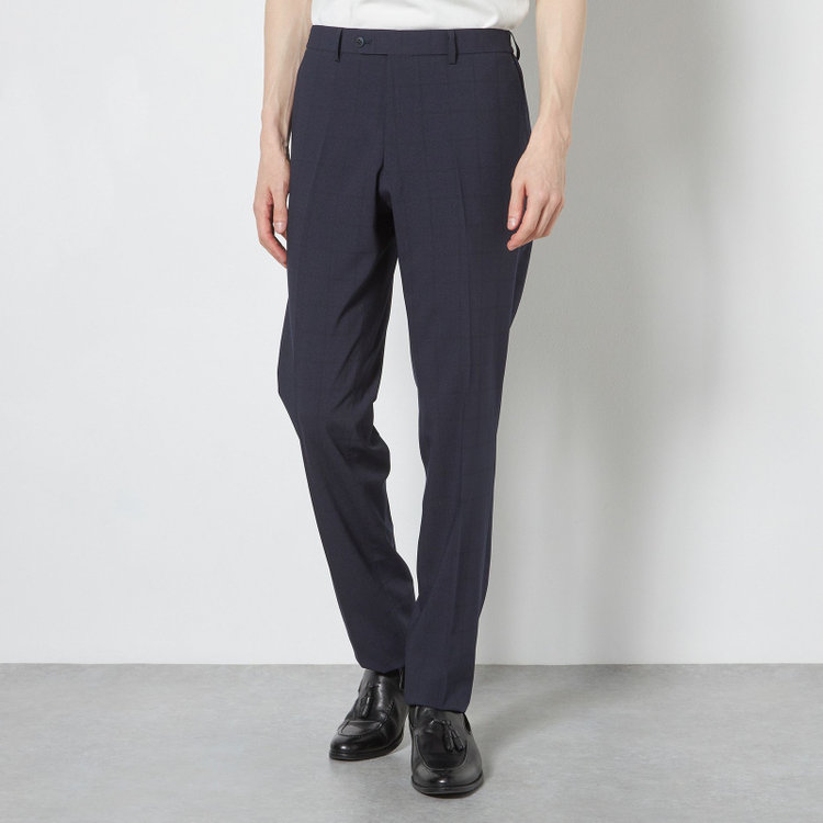 ブラックライン 【SLIM TAPERED】【春夏】0タックテーパードパンツ/ネイビー×ウィンドペン/ウエストシャーリング/4S SUSTAINABILITY&ECOLOGY FABRIC「ウォッシャブル」「ストレッチ」/※裾上げ済仕様 紺濃色