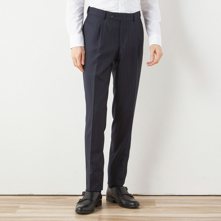 シルバーライン 【CLASSICO TAPERED】【秋冬】2釦シングルスーツ 1タック/ネイビー×ストライプ/ウエストムーブ/Ermenegildo Zegna TRAVELLER woven in italy/※裾上げ必要 紺濃色