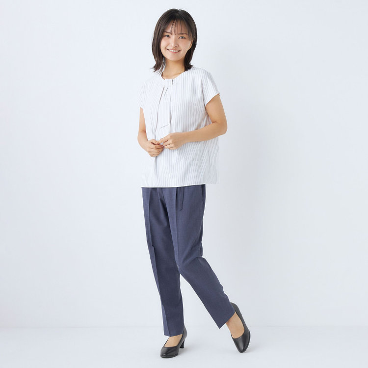 シルバーライン 【RELAX TAPERED】【年間】ノーカラー 2釦1掛けダブル/パンツスーツ/ネイビー/ウエスト内側アジャスター/ウォッシャブル/Naturemier/※パンツ裾上げ済仕様 紺中間