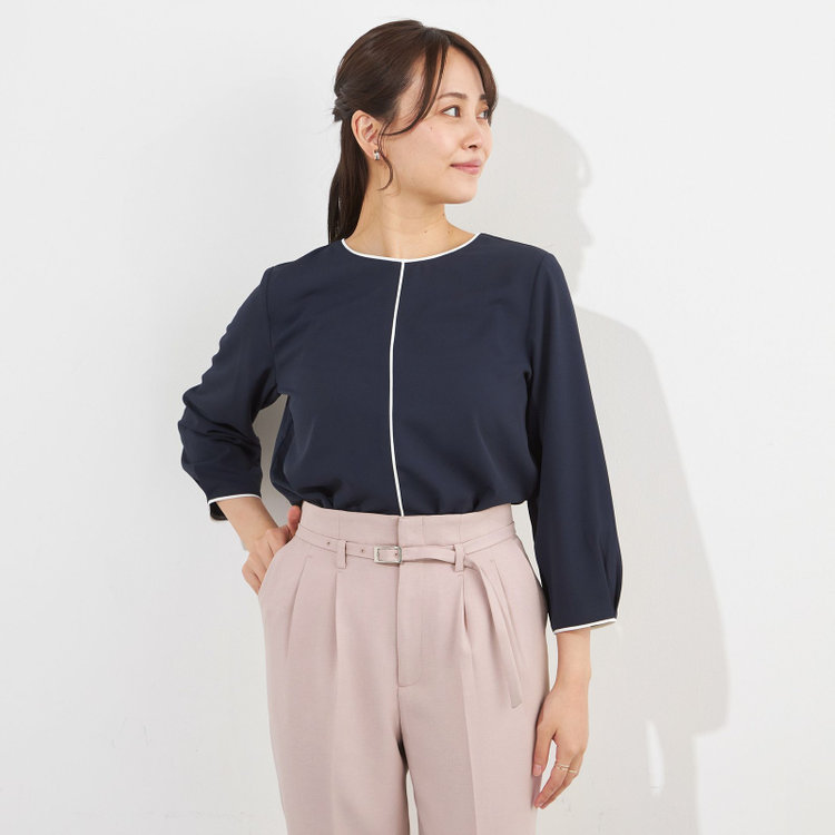 シルバーライン 【SILVER LINE/7分袖】配色クルーネックプルオーバー/ネイビー×ホワイト/「ウォッシャブル」「ストレッチ」「防シワ」「UV加工」「静電気防止」 紺中間