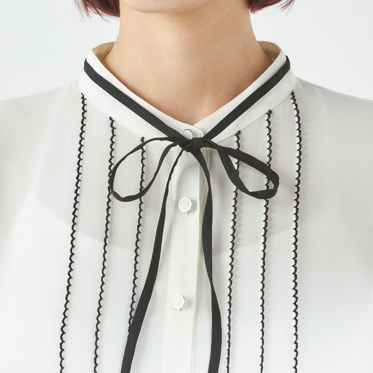 スーツセレクト 【半袖】リボン付きバンドカラーブラウス/ホワイト 白