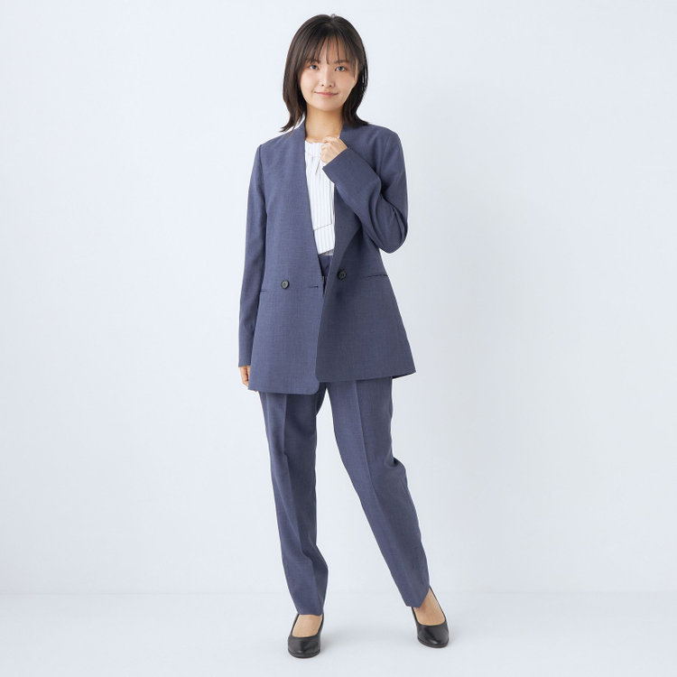 シルバーライン 【RELAX TAPERED】【年間】ノーカラー 2釦1掛けダブル/パンツスーツ/ネイビー/ウエスト内側アジャスター/ウォッシャブル/Naturemier/※パンツ裾上げ済仕様 紺中間