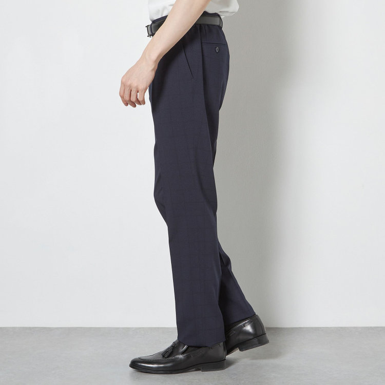 ブラックライン 【SLIM TAPERED】【春夏】0タックテーパードパンツ/ネイビー×ウィンドペン/ウエストシャーリング/4S SUSTAINABILITY&ECOLOGY FABRIC「ウォッシャブル」「ストレッチ」/※裾上げ済仕様 紺濃色