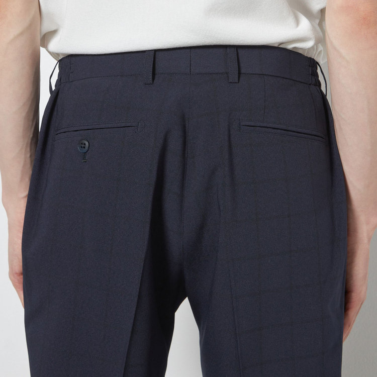 ブラックライン 【SLIM TAPERED】【春夏】0タックテーパードパンツ/ネイビー×ウィンドペン/ウエストシャーリング/4S SUSTAINABILITY&ECOLOGY FABRIC「ウォッシャブル」「ストレッチ」/※裾上げ済仕様 紺濃色
