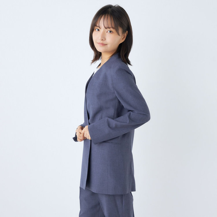 シルバーライン 【RELAX TAPERED】【年間】ノーカラー 2釦1掛けダブル/パンツスーツ/ネイビー/ウエスト内側アジャスター/ウォッシャブル/Naturemier/※パンツ裾上げ済仕様 紺中間