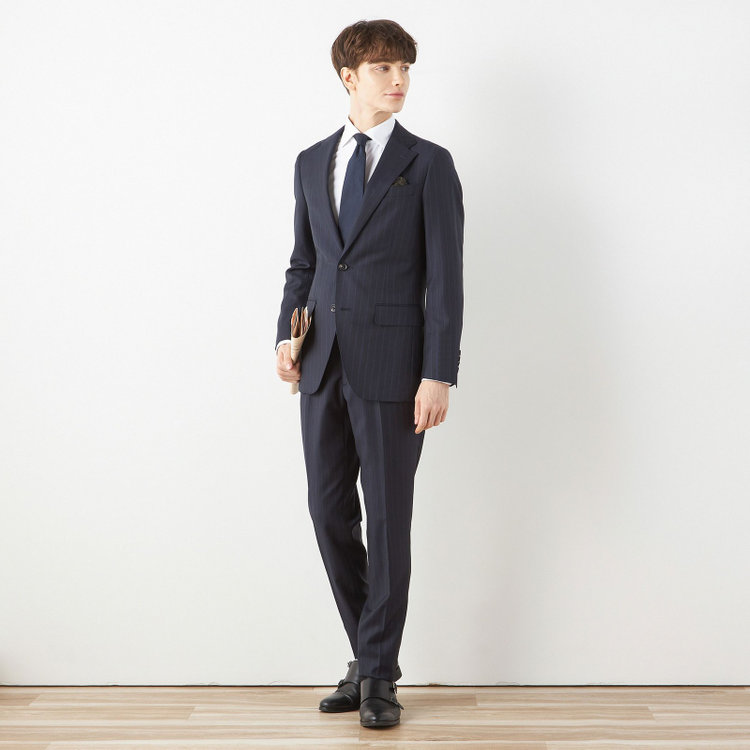 シルバーライン 【CLASSICO TAPERED】【秋冬】2釦シングルスーツ 1タック/ネイビー×ストライプ/ウエストムーブ/Ermenegildo Zegna TRAVELLER woven in italy/※裾上げ必要 紺濃色
