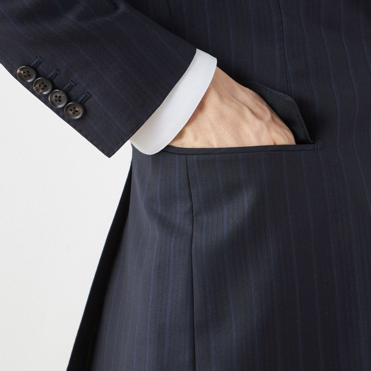 シルバーライン 【CLASSICO TAPERED】【秋冬】2釦シングルスーツ 1タック/ネイビー×ストライプ/ウエストムーブ/Ermenegildo Zegna TRAVELLER woven in italy/※裾上げ必要 紺濃色